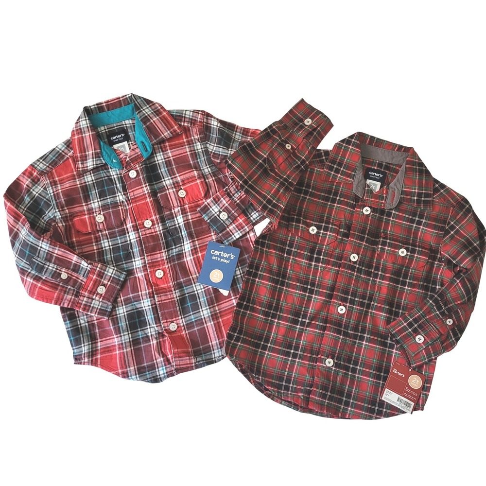 New Boys 2T Carters Plaid Button‎ Down Shirt 2 pc Lot Cotton Long Sleeve Western
